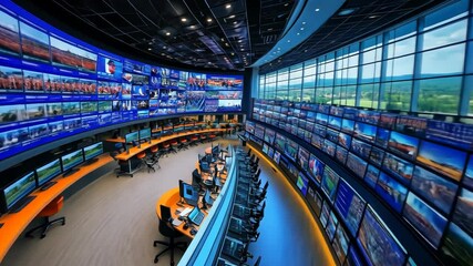 Modern, high-tech broadcast control room with numerous screens - Powered by Adobe
