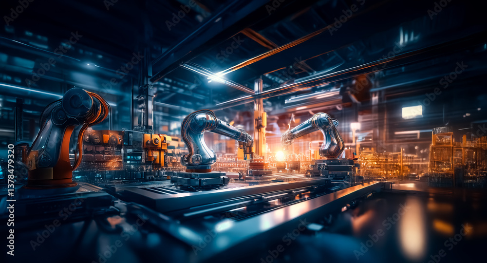 Poster futuristic factory interior with robotic arms working on a production line. metallic arms move with 
