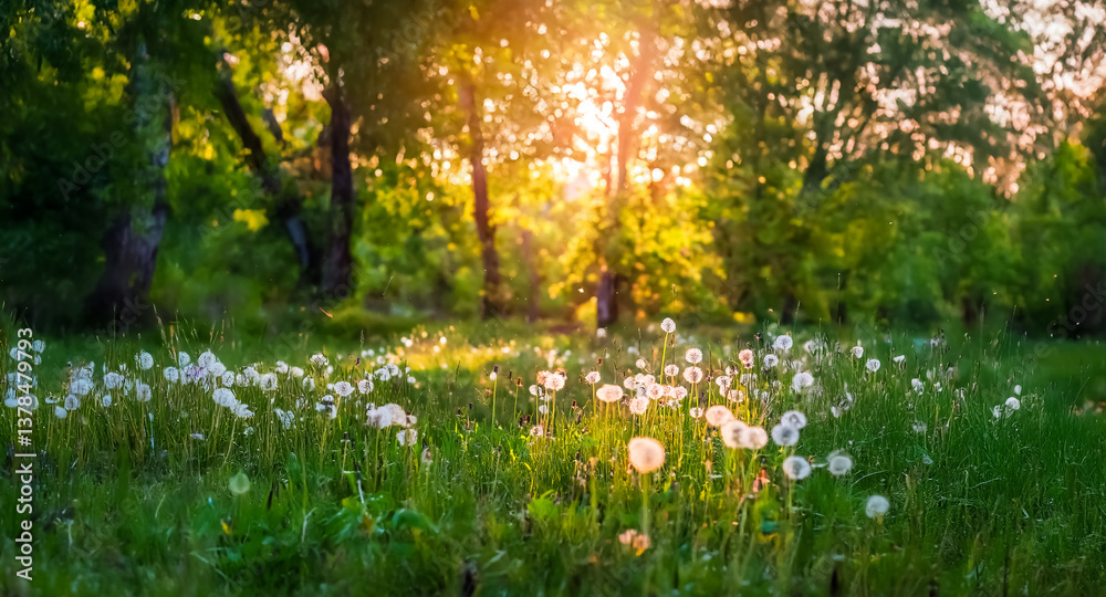 Poster Sunlight streams through trees, illuminating a field of fluffy white dandelions in a green forest, creating a warm and peaceful nature scene.