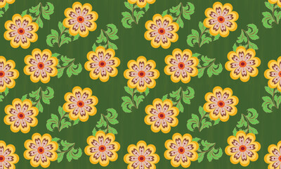 The fabric patterns seamless vector pattern, beautifully arranged floral, green background, yellow flowers 