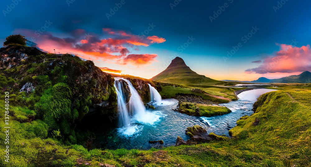 Poster a stunning scenic view of a waterfall cascading into a river with a majestic mountain peak under a c