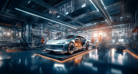 Futuristic silver car with an open door stands in a high-tech industrial garage with neon lighting. Sleek vehicle in an advanced, modern environment.
