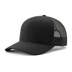 A black baseball cap with a mesh back, featuring a curved brim and a structured front panel. Ideal for casual wear or outdoor activities. Trucker Hat Design for Mockup Template.