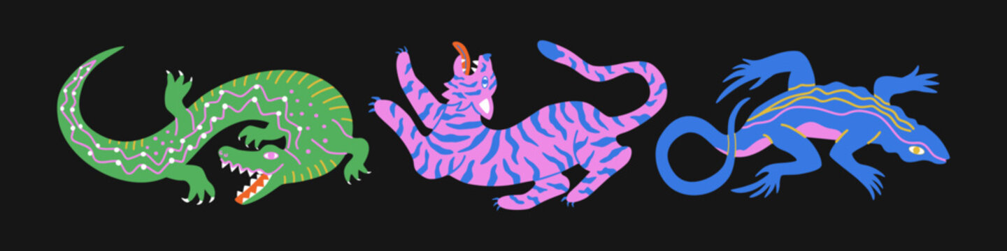 Quirky tiger, crocodile and komodo in groovy colorful style. Tropical hand drawn summer animals. Funky illustration for poster, card, tshirt print. .