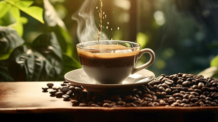 Aromatic Coffee Pour Steam, Beans, and Morning Sun