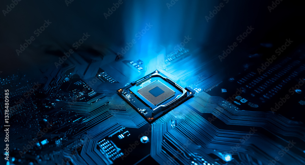 Fototapete A luminous microchip is centrally placed on a blue circuit board, radiating light and highlighting the intricate electronic pathways and components.  The image represents modern technology.