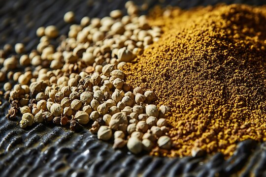 Artistic shot of a heap of mixed spices, highlighting the individual grains of coriander and cumin on a textured ceramic.