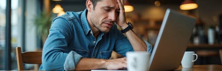 Obraz premium Distressed small business owner experiencing cyber fraud. Man suffers loss from online store hack. Stressed entrepreneur, security breach, financial problems. Problem with laptop, online shop,