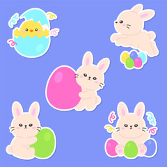Cute Easter Bunnies with Colorful Eggs and a Hatching Chick on a Blue Background Vector Illustration
