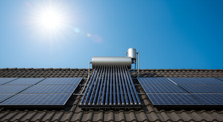 Solar water heater installed roof blue sky,Solar water heaters gleaming under the sun on a modern rooftop, showcasing a sustainable and eco-friendly approach to household energy needs