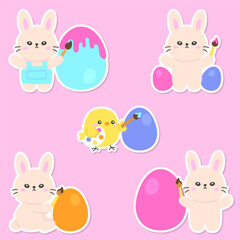 Adorable Easter Bunnies and Chicks Painting Colorful Eggs on a Pink Background