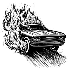 Car on fire driving in flames on the road, black and white engraving vintage illustration