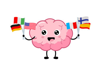 Multilingual brain character  with American, French, Italian, Germany Spanish, Finland flags. education school concept