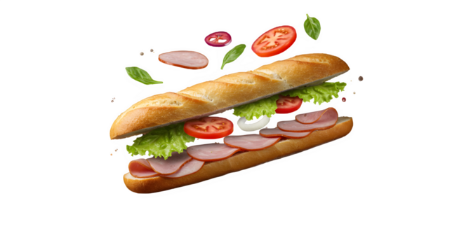 Baguette Sandwich isloated on transparent background, Baguette Sandwich with Salami, Cheese, and Vegetables, Subway sandwich with Meat, Cheese, and Greens Isolated on White, Gourmet Baguette Sandwich