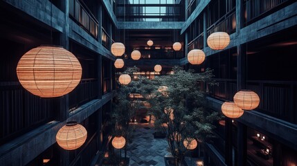 Hotel atrium lanterns evening ambiance