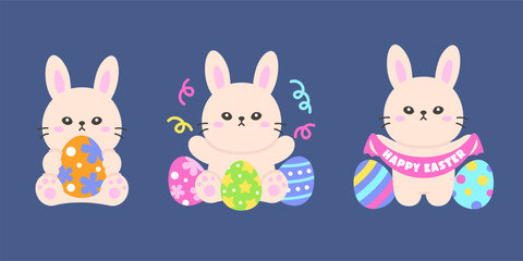 Happy Easter Bunnies Holding Colorful Painted Eggs with Party Decorations