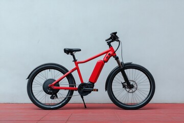 Sleek red electric bike stands against minimalist wall, showcasi