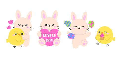 Cute Easter Bunnies and Chicks Holding Decorative Eggs and a Easter Day Sign