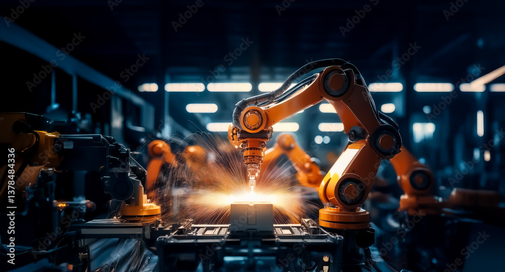 Aufkleber automated factory featuring robotic arms precisely welding metal components with bright sparks in a 