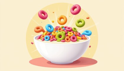 Colorful Cereal Bowl with Flying Rings and a Bright Background