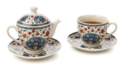 Fototapeta premium Serving Tea in Floral Teapot and Cup Set with Intricate Pattern