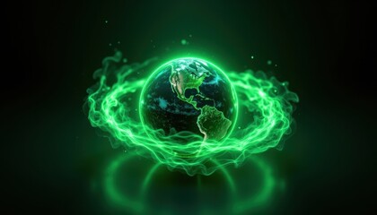 Vibrant Green Earth with Energy Aura in Dark Background