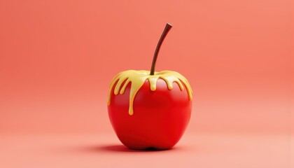 Bright Red Apple with Golden Caramel Dripping on Smooth Backdrop