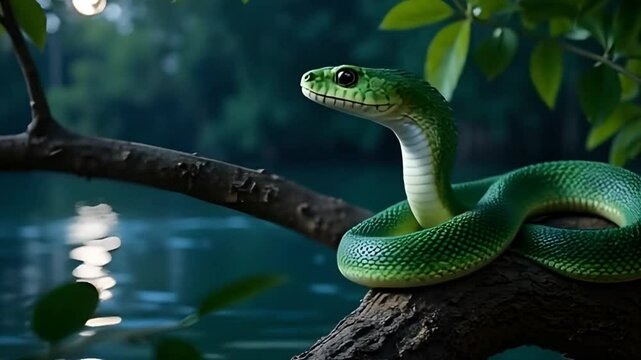 The White-lipped Pit Viper is a venomous pit viper endemic to Southeast Asia and is often found during the night waiting on a branch or limb of a tree near a body of water, generative AI