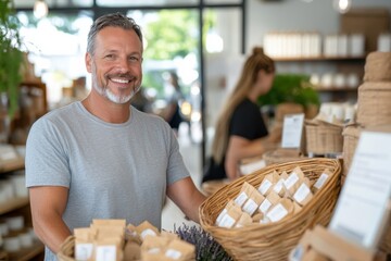 A smiling man stands proudly in a store filled with handmade goods, capturing the spirit of entrepreneurship and creativity amidst a warm, inviting atmosphere.