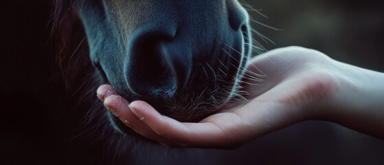 A human hand gently caresses a horse's muzzle, evoking a deep connection and mutual trust between human and animal in a moment of quiet understanding.