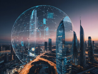 Digital Cityscape: A futuristic cityscape with interconnected skyscrapers and a digital sphere overlay, symbolizing technological advancement and global communication.