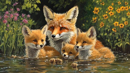 Fototapeta premium Fox family swimming, wildflowers, summer