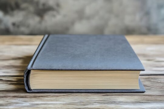 Gray hardcover book on a wooden table for reading, study, education, or reference material