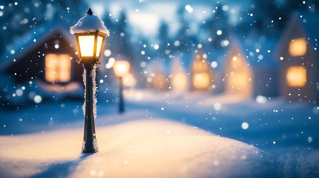 Snowy Village Street Lamp at Night.