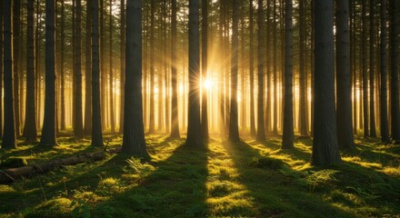 Fototapeta premium Golden Hour Sunlight Illuminates Serene Pine Forest