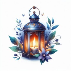 Enchanted Blue Metal Lantern with Warm Candlelight and Floral Foliage