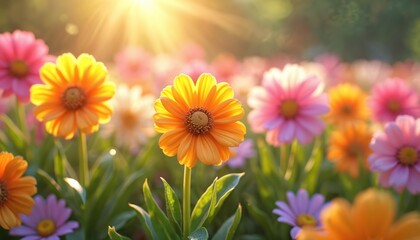 Vibrant 3D animation of spring flowers beaming with happiness under summer sunlight. Colourful garden background with blooming blossoms. Perfect for spring eco design, seasonal postcards, digital