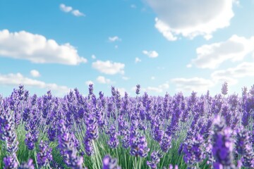 Fototapeta premium Lavender fields in full bloom under a clear blue sky with fluffy clouds