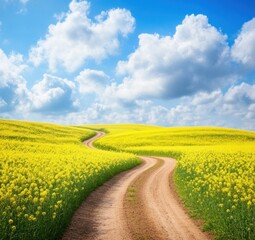 Obraz premium Winding dirt road through fields of yellow flowers under a blue sky