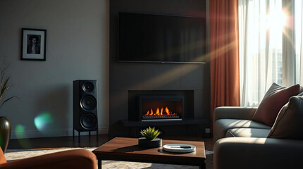 Modern Smart Living Room with Voice-Controlled Speakers and Dynamic Ambient Lighting – Futuristic Home Automation – Generative AI