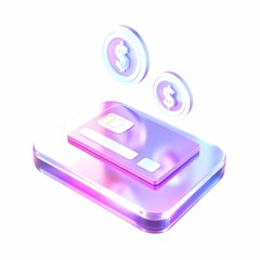 3D holographic credit card icon with iridescent gradient hues of pink, purple, and blue. Stylized design featuring a dollar sign symbol and blank space for text. 3D illustration