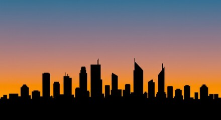 City Skyline Silhouette During Sunset, Orange And Blue Sky