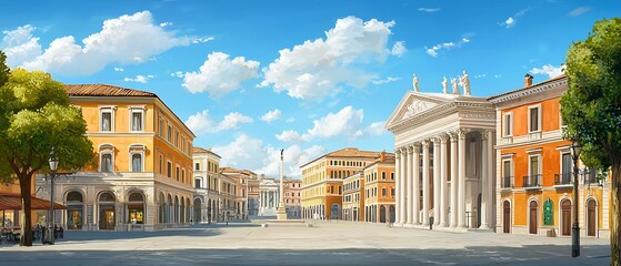 Majestic city square scene with classical architecture and clear sky