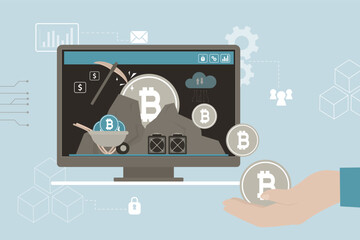 Fototapeta premium Mining bitcoin, collect money in digital wallet. Businessman trader holds cryptocurrency. Miner extracting crypto coins. Screen with bitcoin or cryptocurrency mining
