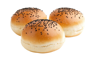 Three sesame seed hamburger buns with golden crust and soft texture, cut out