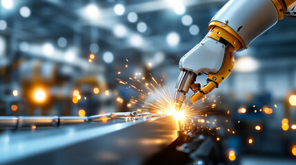 robotic arm in modern factory is welding metal with precision, emitting bright sparks. background is blurred, highlighting advanced technology and automation in industrial manufacturing