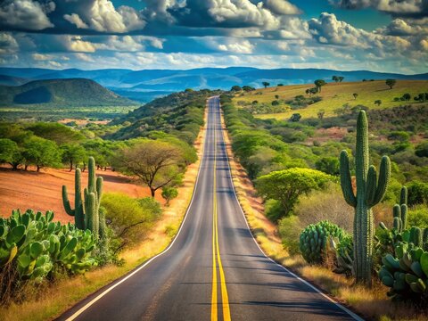 Northeast Brazil Landscape: Catanca Trees and Asphalt Road in Flat Terrain