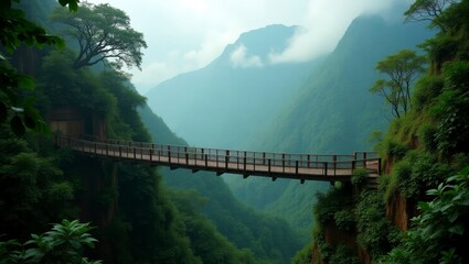Fototapeta premium Breathtaking bridge spanning over majestic mountain landscape with lush greenery and clear blue sky above