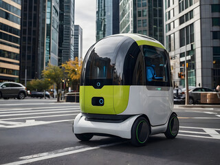 Fototapeta premium Self-Driving Vehicle in Urban Landscape: A futuristic self-driving vehicle navigates a city intersection, embodying innovation and sustainable transport amidst a backdrop of modern buildings. 