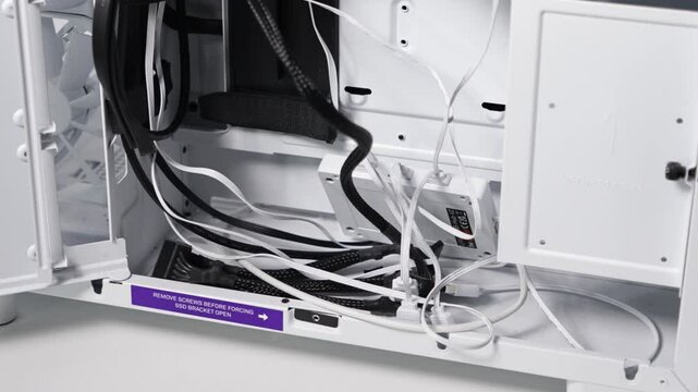 Cable management and wiring inside white PC case showing SSD bracket, power cables and data connectors during computer build process